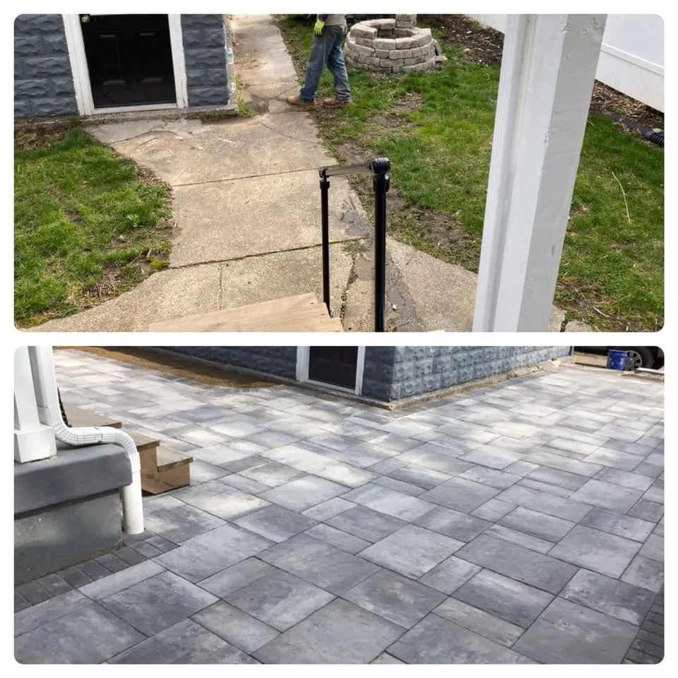 Before and after: an old concrete walkway replaced with a gray paver patio Before and after: an old concrete walkway replaced with a gray paver patio